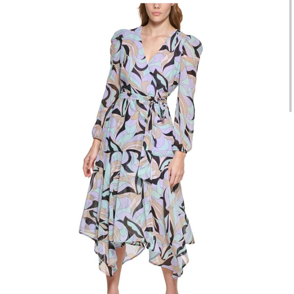 Calvin Klein printed puff shoulder midi dress